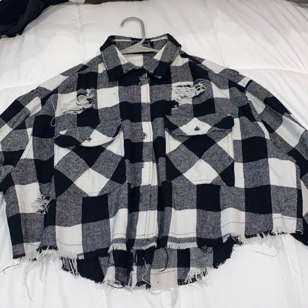 Crop top over size ripped button plaid down